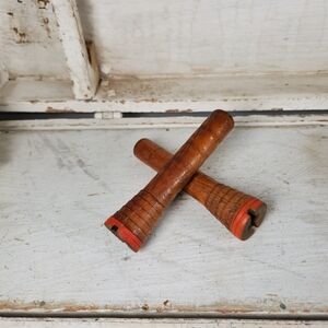 Antique/ VTG Wood Spool Spindle Pair 5" | Small Wooden Bobbin Spools | Primitive